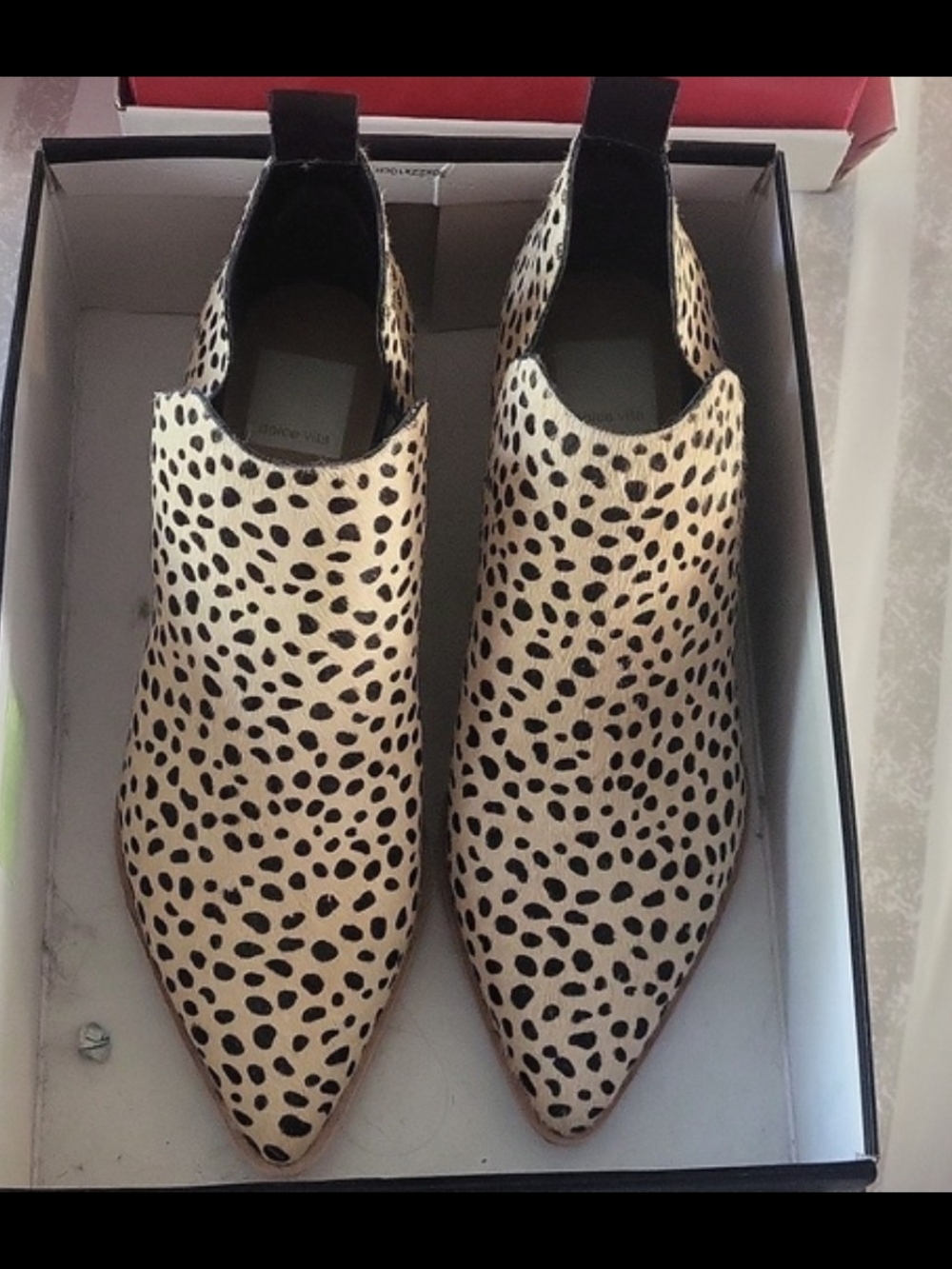 Dolce Vita Leopard-Spot Pointed Slip-On Ankle Boots in Beige and Black
